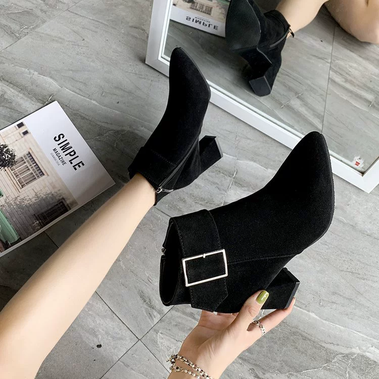 2023 осень и зима новые высокие каблуки на толстом каблуке, короткие сапоги в Корейском стиле, заостренные короткие сапоги в Корейском стиле, женские замшевые Ботинки Martin женская обувь
