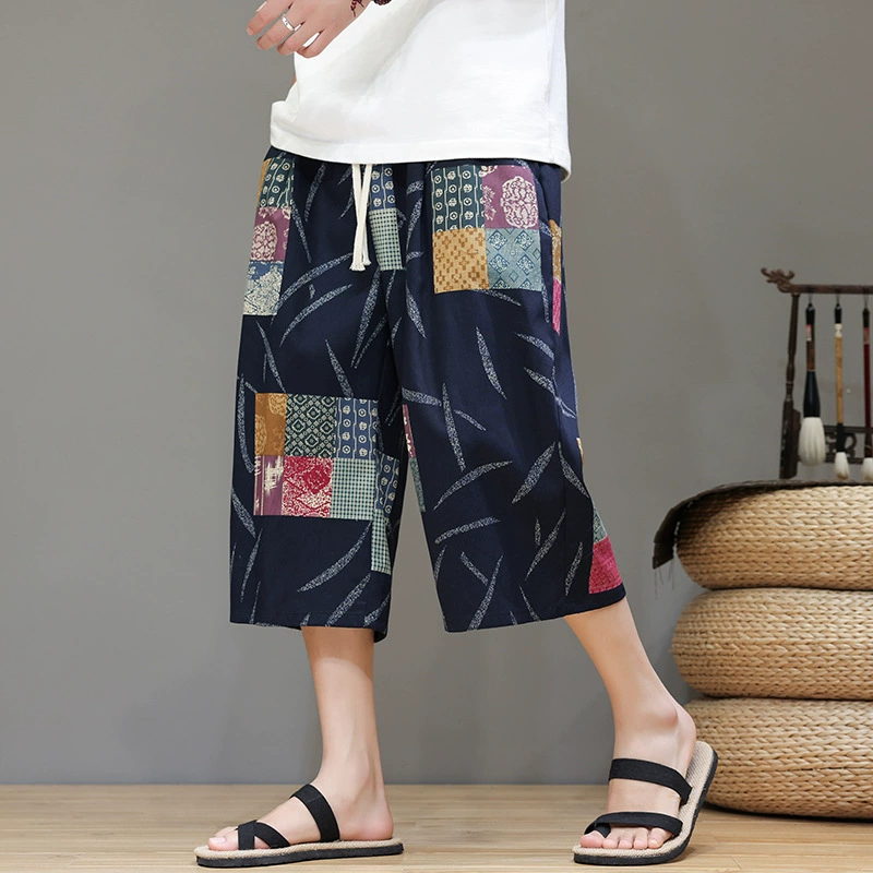 Summer trousers, cotton beach shorts for elementary school students, Chinese style, oversize, loose straight fit