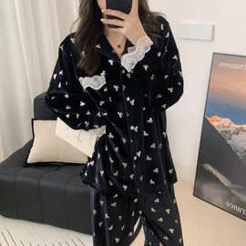 秋冬新款睡衣女金钻绒甜美时尚休闲宿舍可外穿宽松简约家居服套装