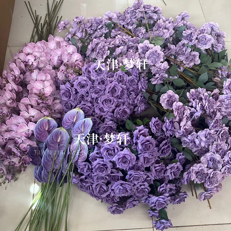 Dark purple high-end wedding color matching flower material wedding road guide flower arrangement simulation rose phalaenopsis home decoration Dark purple high-end wedding color matching flower material wedding road guide flower arrangement simulation rose phalaenopsis home decoration