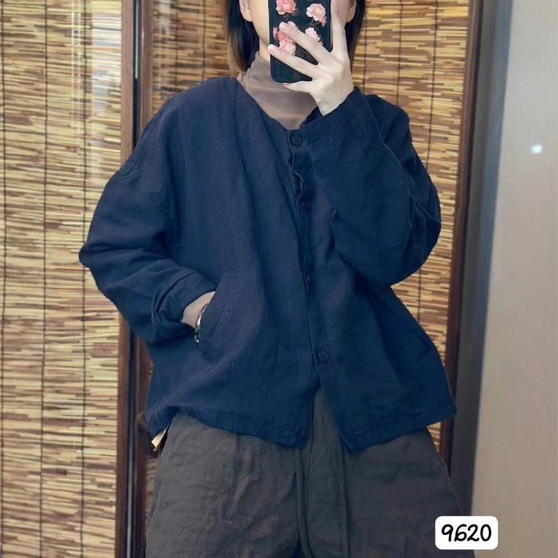 CO2025秋韩版宽松文艺复古简约亚麻加里衬休闲外套百搭上衣女9620|undefined