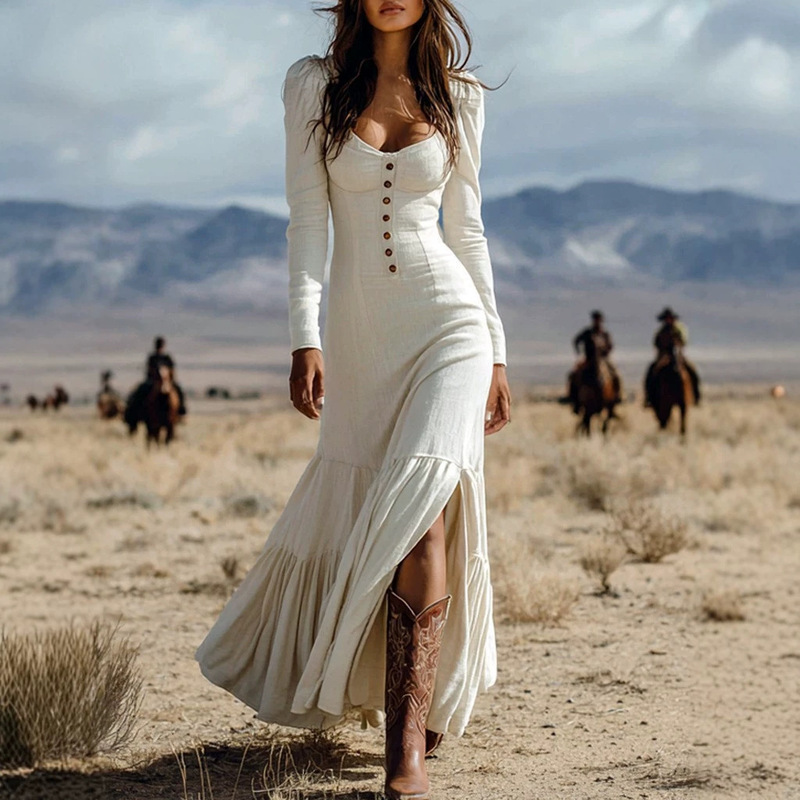 Amazon European and American cross-border new vintage western style buttoned ruched long-sleeve sexy long dress Amazon European and American cross-border new vintage western style buttoned ruched long-sleeve sexy long dress