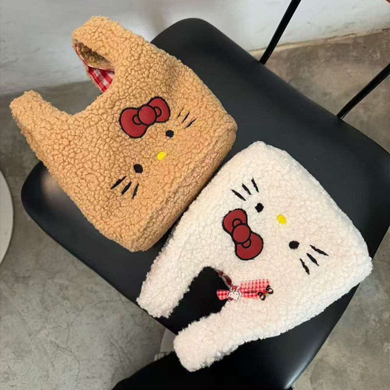 可爱秋冬Kitty猫咪手提包羊羔毛手腕包格子包卡通上班通勤小拎A16