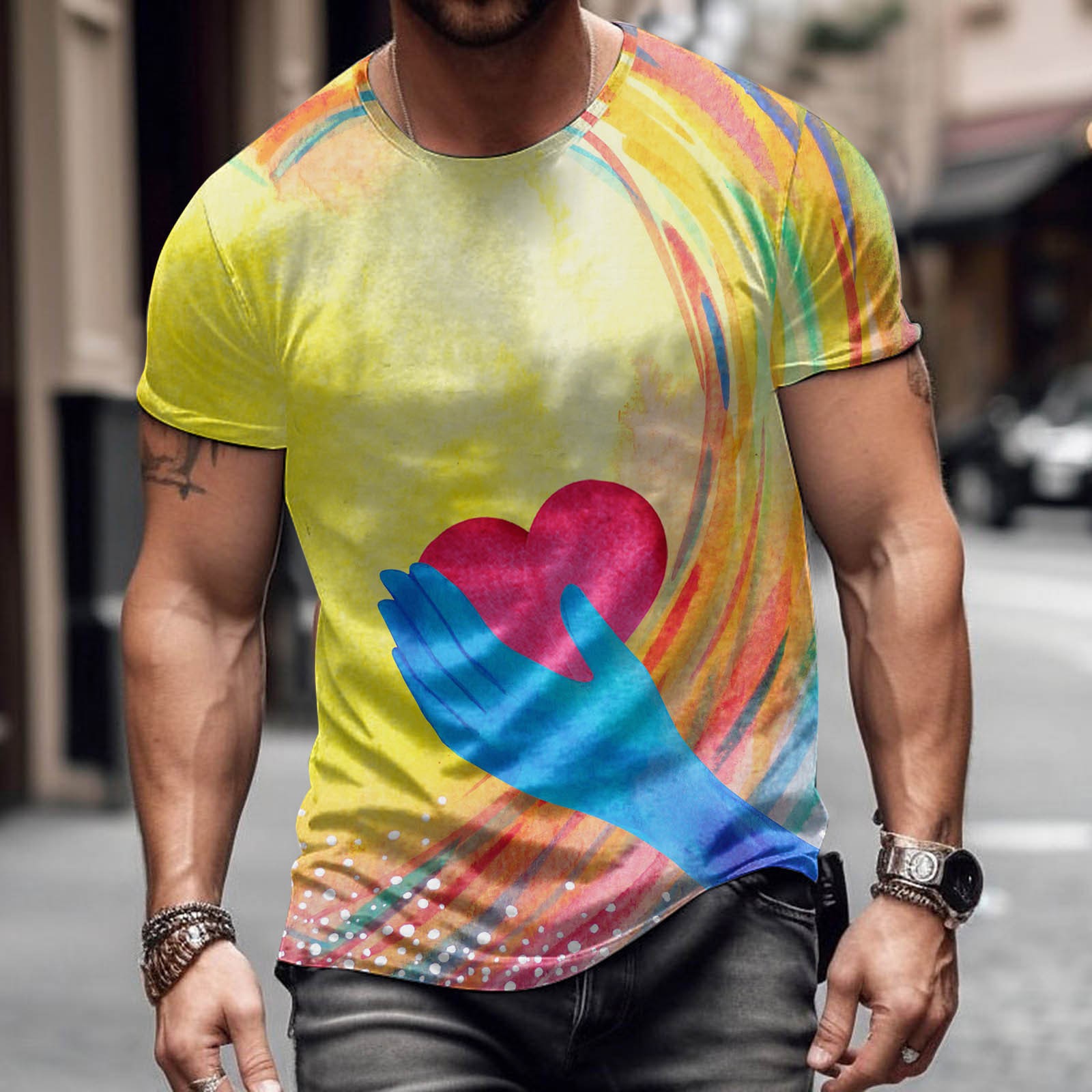 Moda romántica Día de San Valentín colorido amor 3D cepillado lleno de impresión de los hombres calle alta suelta transpirable camiseta de manga corta en stock