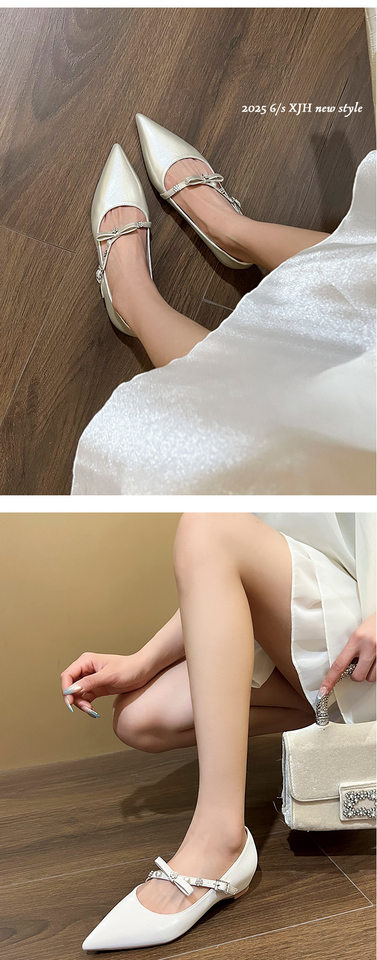 Giày da bóng mũi nhọn quai ngang tăng chiều cao bên trong cho nữ — Màu bạc, Màu trắng be, Màu vàng nhạt chi tiết 10