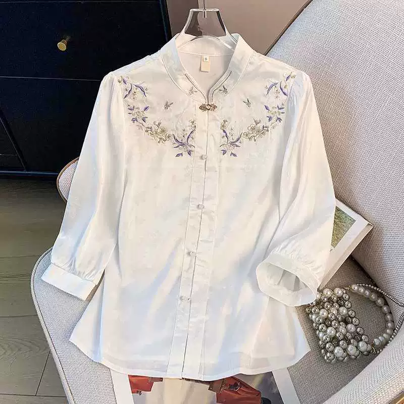Реальная стрельба Новый китайский стиль тяжелой промышленности с жаккардовой вышивкой стоячий воротник с застежкой кардиган средний рукав национальный стиль ретро улучшенный топ рубашка