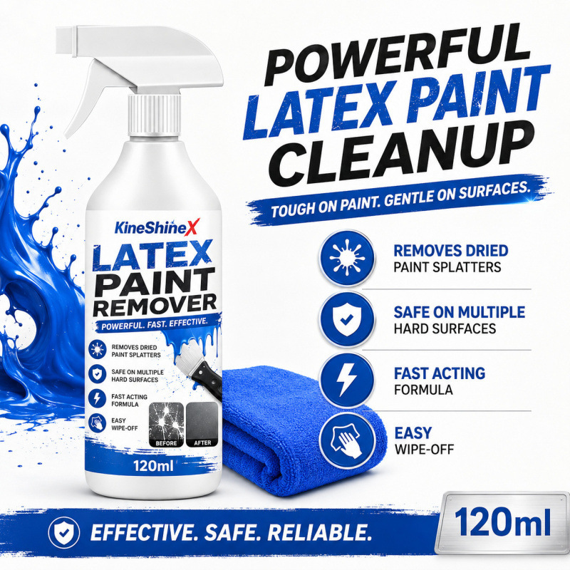 KineShineX latex paint remover for walls, floors, doors, and windows; effectively cleans and removes dried latex paint splatters KineShineX latex paint remover for walls, floors, doors, and windows; effectively cleans and removes dried latex paint splatters