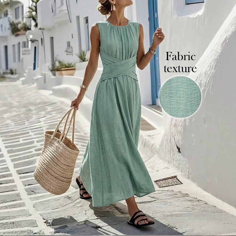 2026 European and American cross-border women's summer new sleeveless solid color dress, waist-cinching, holiday style, fashionable women's long dress