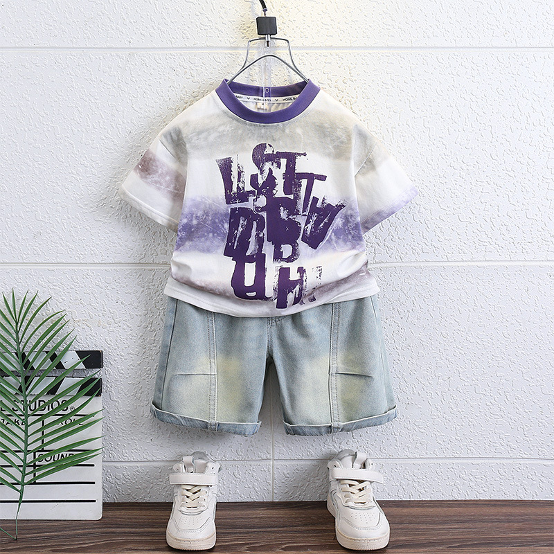 7209 Traje de manga corta para niños 2025 nueva ropa para niños de moda verano para bebés, traje de dos piezas de verano para niños guapos