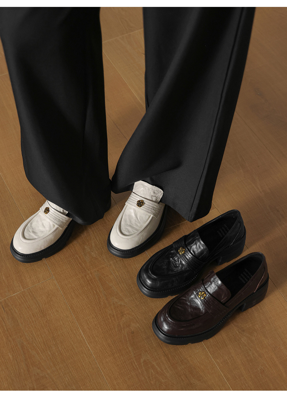 Giày loafer nữ mũi tròn gót vuông dày đế cao 6 cm da cừu — màu nâu chi tiết 1