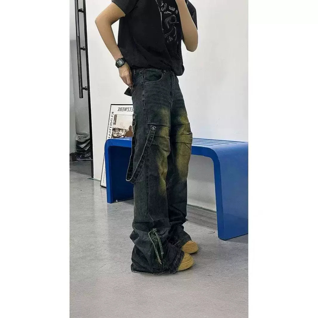 2024 nouveaux jeans plissés hip-hop américains pour hommes, amples et légèrement évasés, avec une sensation de suspension et/ou de longueur_voghion.com