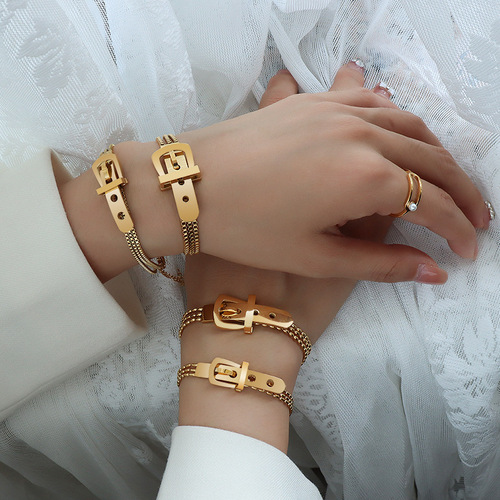 European and American fashion watch belt buckle three-layer rice bead chain box chain bracelet women's titanium steel 18k gold women's hand jewelry