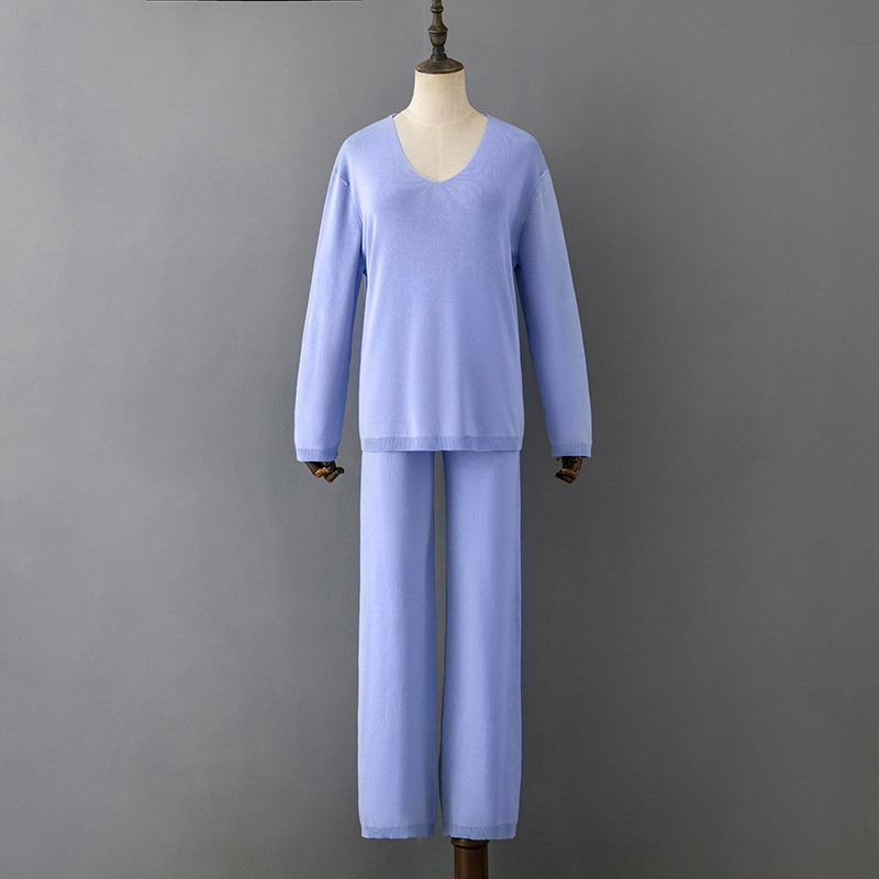 Solid Color V neck Ice Silk Suit Spring Autumn Loose High Waist Casual Two Piece Sweater