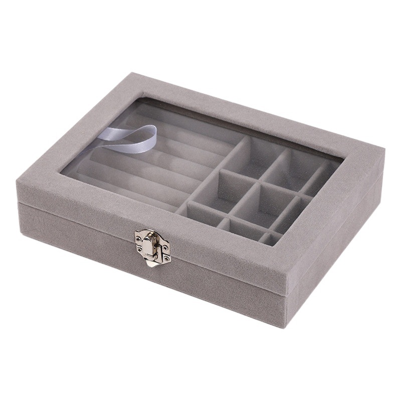 Venta al por mayor caja de joyería simple portátil rejilla múltiple gamuza exquisita joyería caja de almacenamiento gris