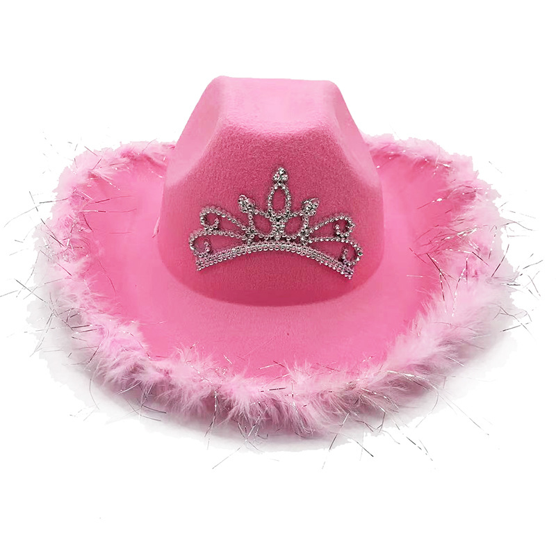 Amazon fabricante en stock sombrero de vaquero Rosa corona occidental sombrero de vaquero occidental borde de la pluma sombrero de vaquero rosa