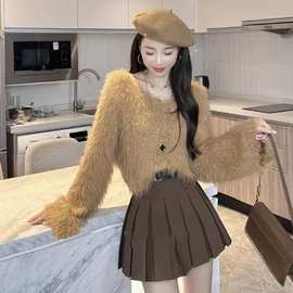 秋冬新款慵懒风高级感气质糖果色v领短款仿水貂毛茸茸针织衫上衣