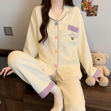 卡通小熊ins纯色简约夹层空气棉秋冬保暖睡衣女士家居服套装批发