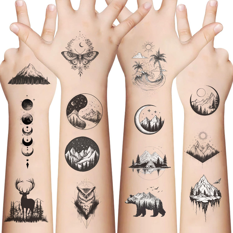 10 new black and white cartoon forest silhouette series tattoo stickers decorative arm cheek wholesale waterproof transfer stickers