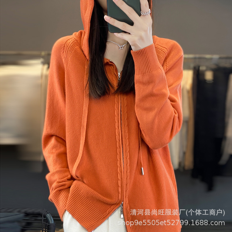 Autumn and Winter New Hooded Women's Sweater Jacket with Double Zipper, Solid Color Loose Base Shirt Top Autumn and Winter New Hooded Women's Sweater Jacket with Double Zipper, Solid Color Loose Base Shirt Top