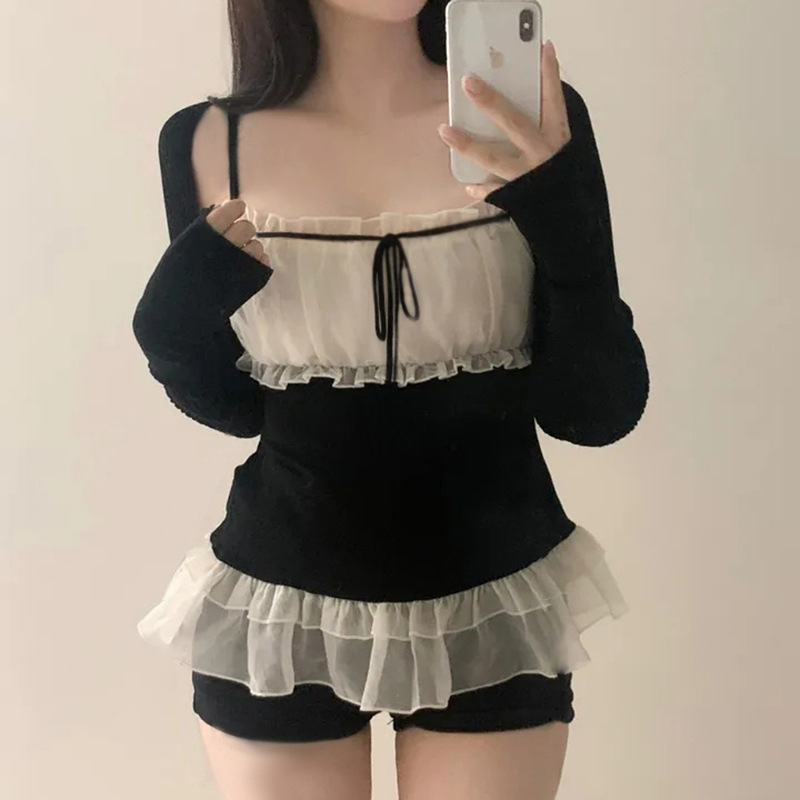 纯欲甜美风少女减龄网纱拼接系带蝴蝶结吊带+气质韩系ins长袖开衫|undefined