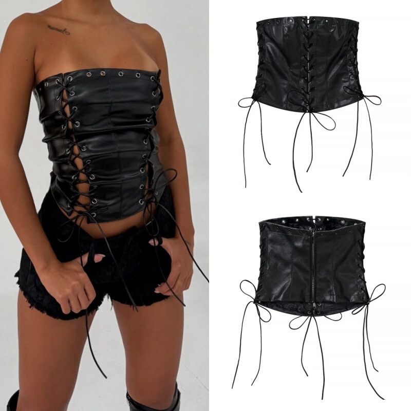 European and American Foreign Trade Wholesale French-Style Sexy Hot Girl Design Versatile Pu Leather Strap Slim-Fit Bustier Top