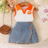 Children's clothing цветы оранжевый удар белая рубашка джинсовые шорты набор для девочек новый азиатский лошадь