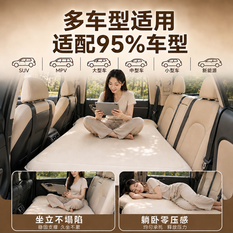 Car air mattress with air pump, foldable car rear seat sleeping pad, travel bed for SUV back seat, automatic air mattress