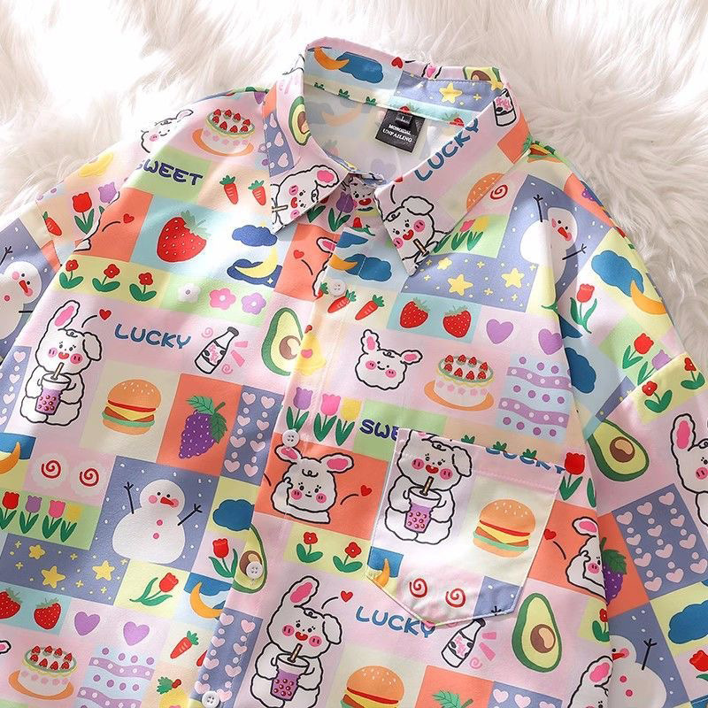 Japanese soft girl cute funny retro cartoon short sleeve shirt Hawaiian style oversize casual shirt for men and women
