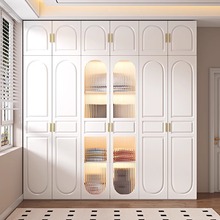 奶油风衣柜现代简约钢化玻璃对开门柜子法式家用卧室书桌组合衣橱