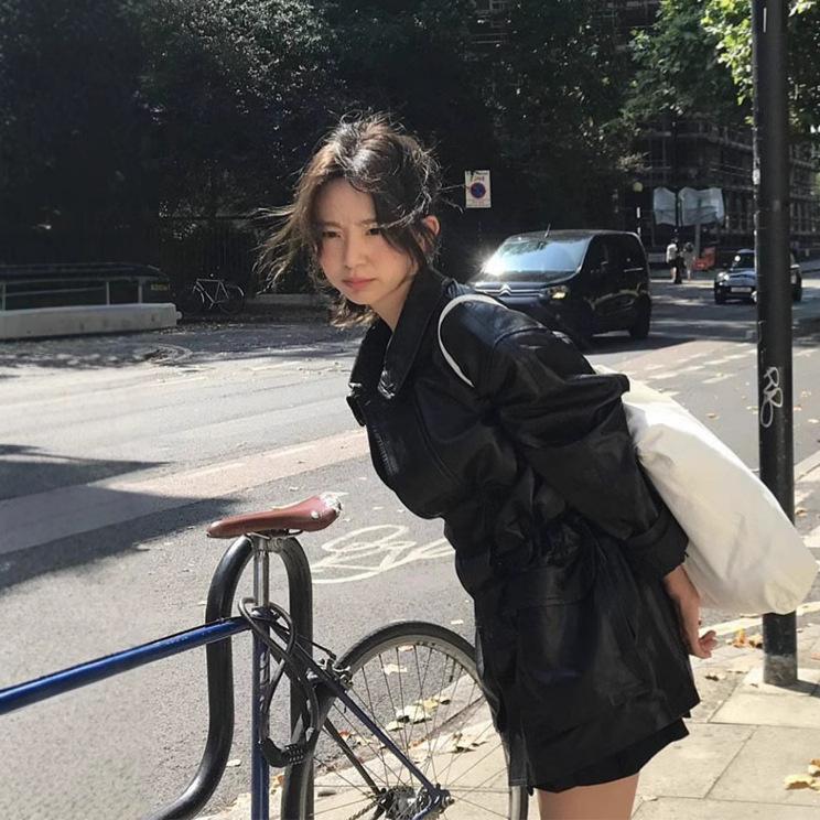 現物the barn * et女性革ジャケット黒の長い革服革コート韓国版カジュアルコート上着