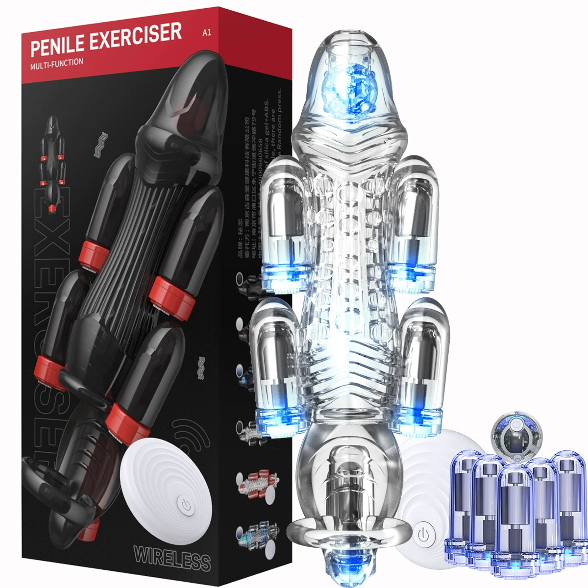 Wireless Penis Vibration Massager (Moonuo) PROMAX 12th Gen, One-to-Six Trainers, Transparent/Black
