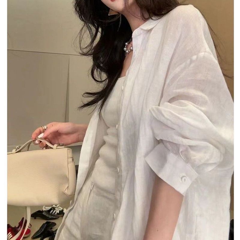 白色亚麻棉麻防晒衬衫外套女夏季薄款外搭衬衣宽松慵懒风气质上衣|undefined