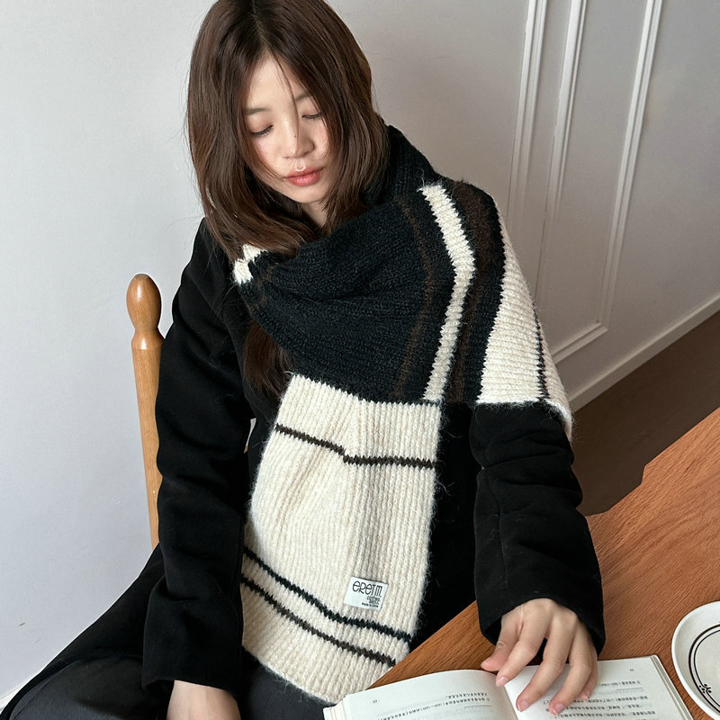 韩版秋冬新款条纹针织围巾女百搭保暖多巴胺毛线围巾复古情侣围脖|undefined