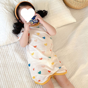 Children's Summer Short-Sleeved Jumpsuit, Baby Girl's Anti-Kick Quilt, Boy's Pajamas, Snap-Button Nightgown, Floral Girl's Home Clothes