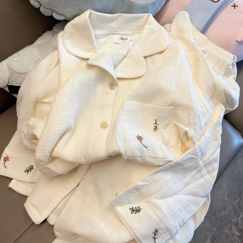 Cotton Yarn Pure Cotton Pajamas Women's Long-sleeved Trousers Spring and Autumn Sweet Korean Style Bubble Cotton Women's Two-piece Home Clothes