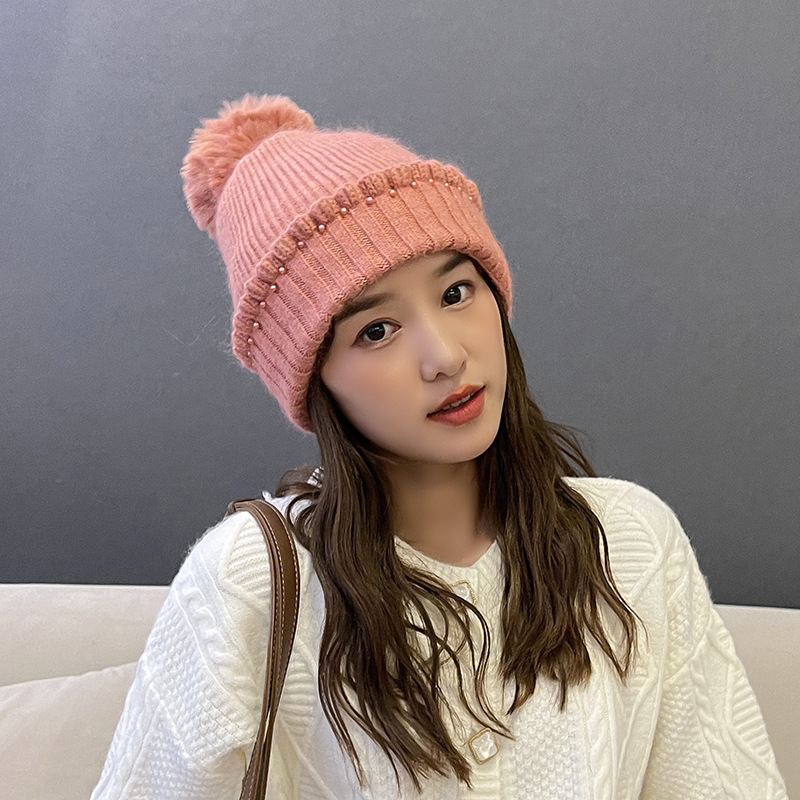 Ruffled Rabbit Fur Solid Color Knit Hat Wholesale Nihaojewelry display picture 1