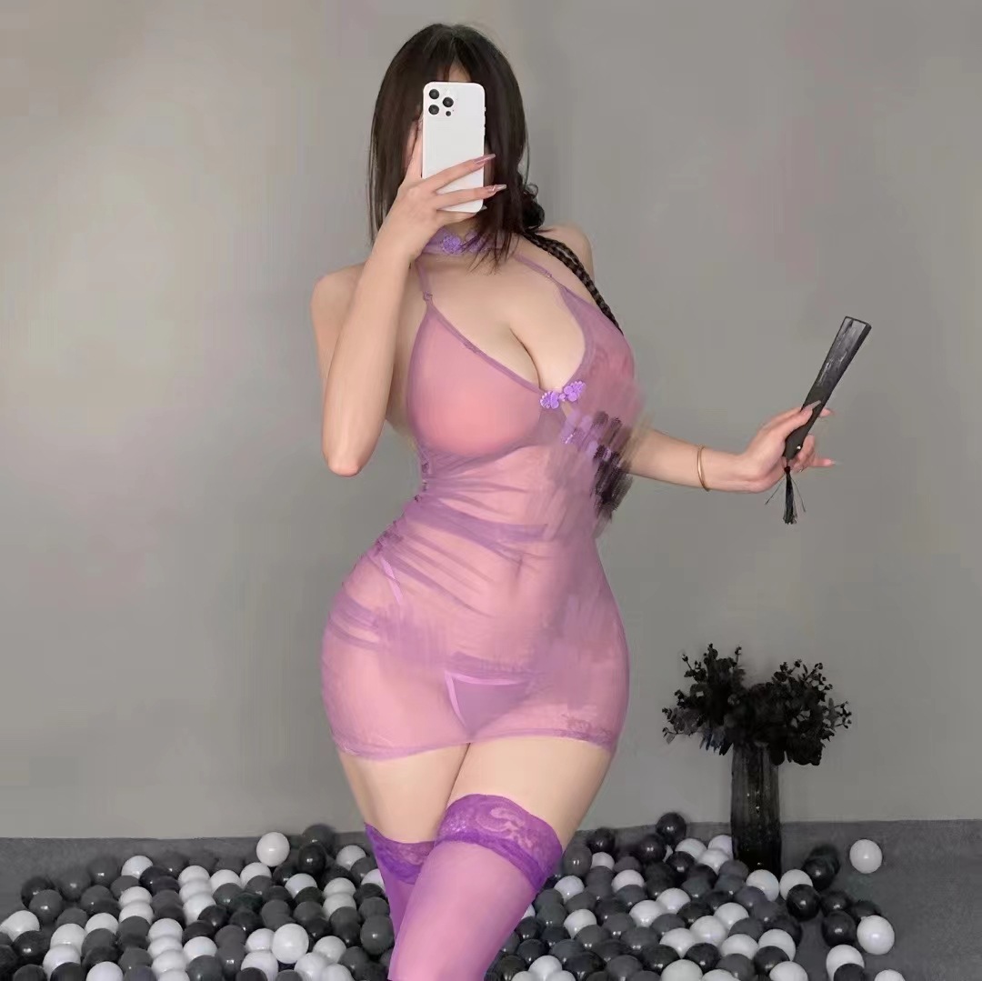 Purple Cheongsam-Style Lingerie Set with Sheer Detail and Matching Thigh Stockings — detail image 2