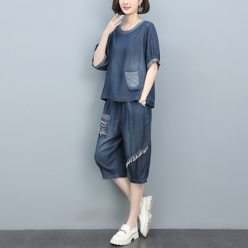 Tencel Jeans Casual Fashion suit 2024 Midsummer Mother Western Style Royal Sister plus size Women's Fashion Two Pieces Tencel Jeans Casual Fashion suit 2024 Midsummer Mother Western Style Royal Sister plus size Women's Fashion Two Pieces