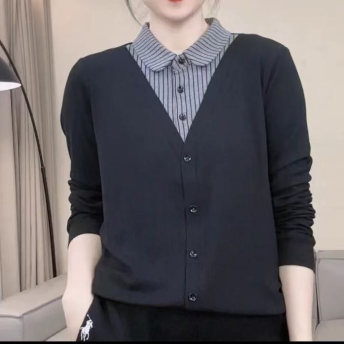 2025新款春秋假两件卫衣女外穿POLO领长袖上衣女减龄显瘦妈妈装|undefined