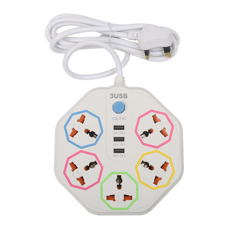 CX-T16 # 2m cables octogonales creativos 5 placa de conexión 3 enchufes USB en el extranjero enchufes de comercio exterior