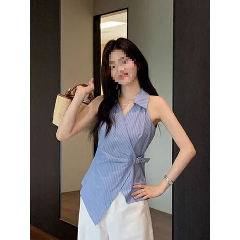 Blue Striped Off-Shoulder Sleeveless Shirt for Women, Summer Outerwear, Beautiful Cinched Waist Tie-Up Sleeveless Top