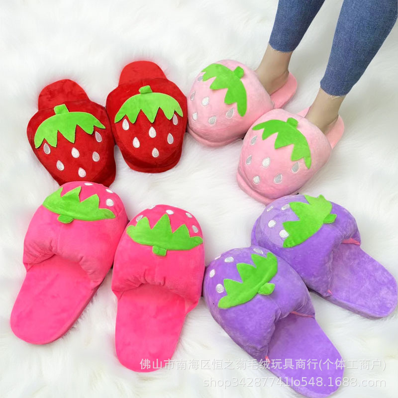 跨境新款可爱草莓半包毛绒拖鞋四季舒适保暖室内月子棉拖鞋