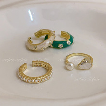 新款珐琅花朵戒指指环珍珠小兔子食指戒小众设计高级感仿玉石指环