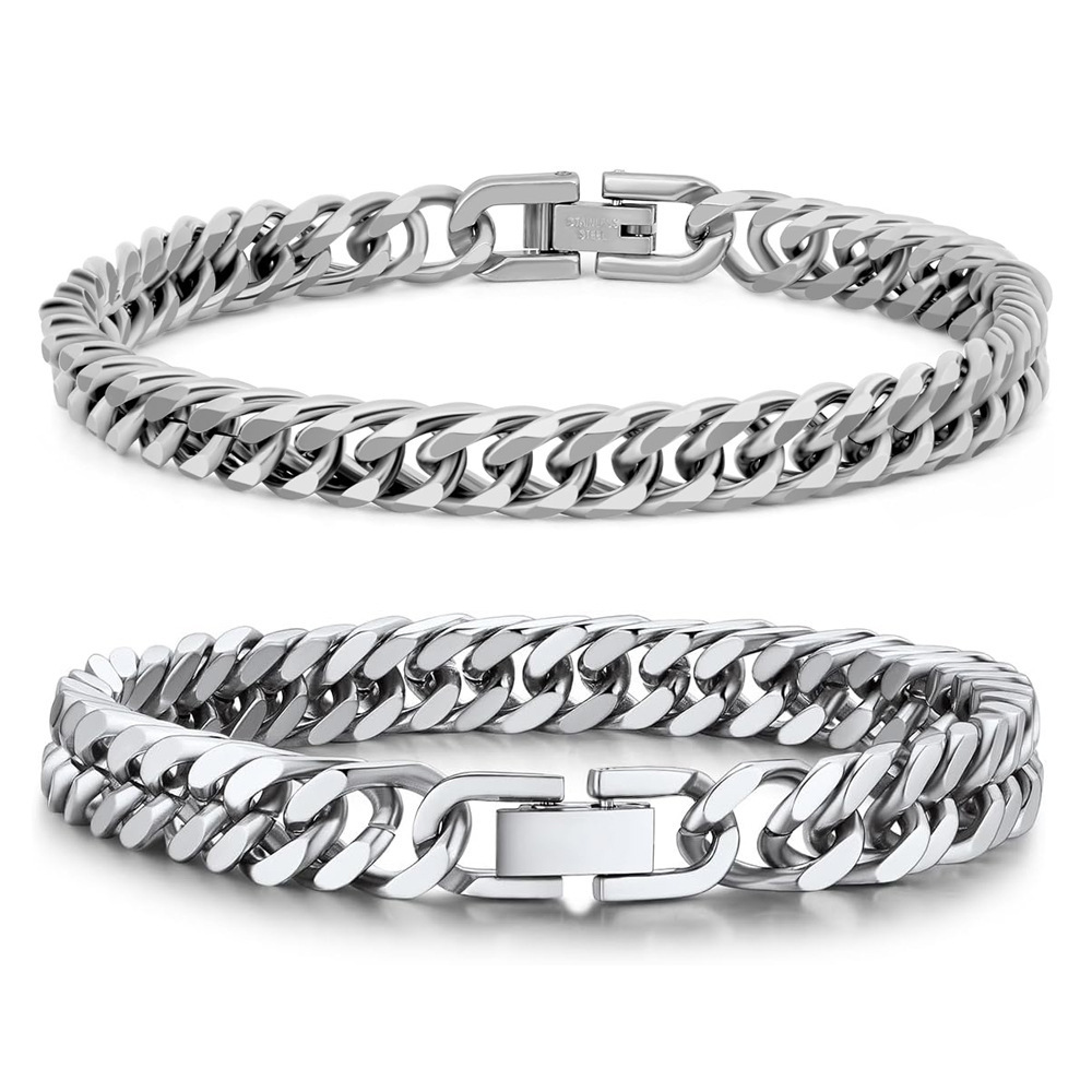 Cross-Border Stainless Steel Four-Sided Polished Double-Woven Bracelet Cold Style Men's and Women's Simple Cuban Bracelet Jewelry Buckle Bracelet Wholesale