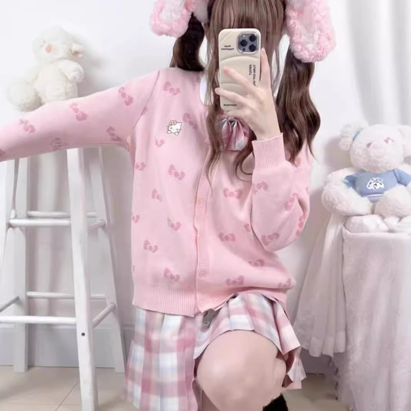 New Spring and Autumn Bow Pink Loose Sweater Women's HelloKitty Sweet Cute Knitted Cardigan Coat Trendy New Spring and Autumn Bow Pink Loose Sweater Women's HelloKitty Sweet Cute Knitted Cardigan Coat Trendy