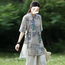 国风苎麻上衣中式改良旗袍中长款女士棉麻禅服女夏季禅意女装套装