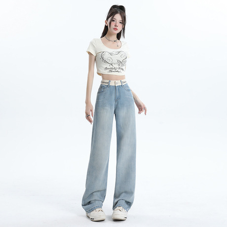天丝阔腿牛仔裤女2024新款莱赛尔高腰宽松窄版显瘦百搭直筒牛仔裤