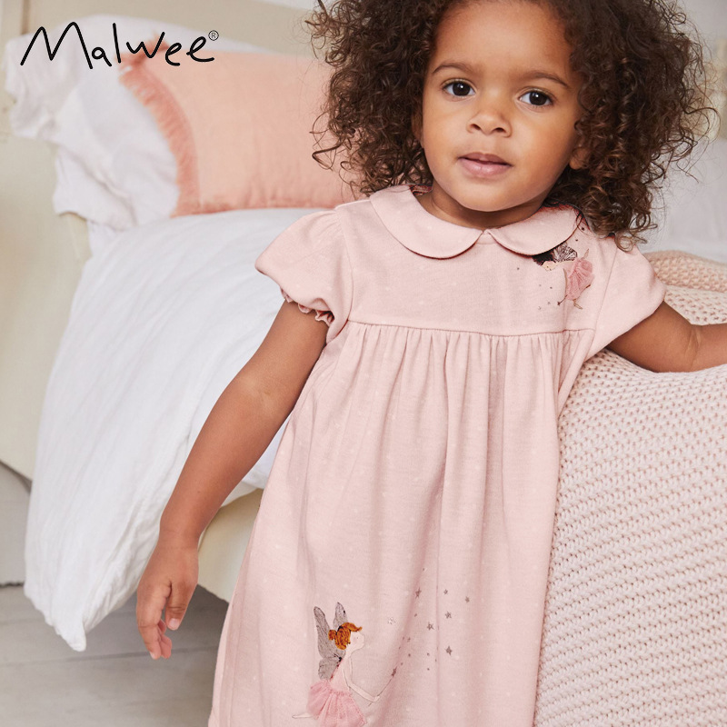 En stock malwee niñas vestido de verano nuevo europeo y americano de los niños de manga corta impresa vestido de princesa de los niños