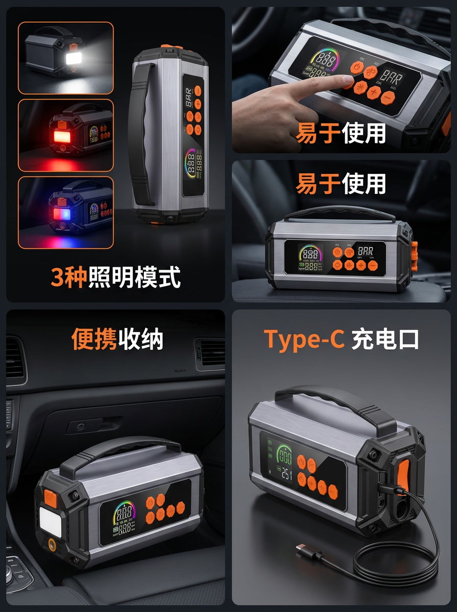 Car Air Pump, Multi-Functional Portable Electric Car Air Pump, Emergency Jump Starter