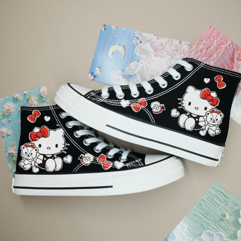 2025 Cross-Border Spring and Autumn Canvas Shoes for Female Students, Cute Cat Sports Sneakers, Trendy Street White Shoes for Autumn